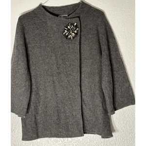 JM Collection Open Cardigan Sweater 100% Wool Jewel Holiday Size L Gray